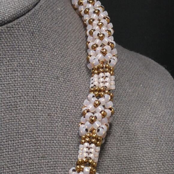 Artisan Woven Glass Beaded Necklace, Opalescent Pink Gold Glass Beads, 20 Inches - Picture 9 of 12